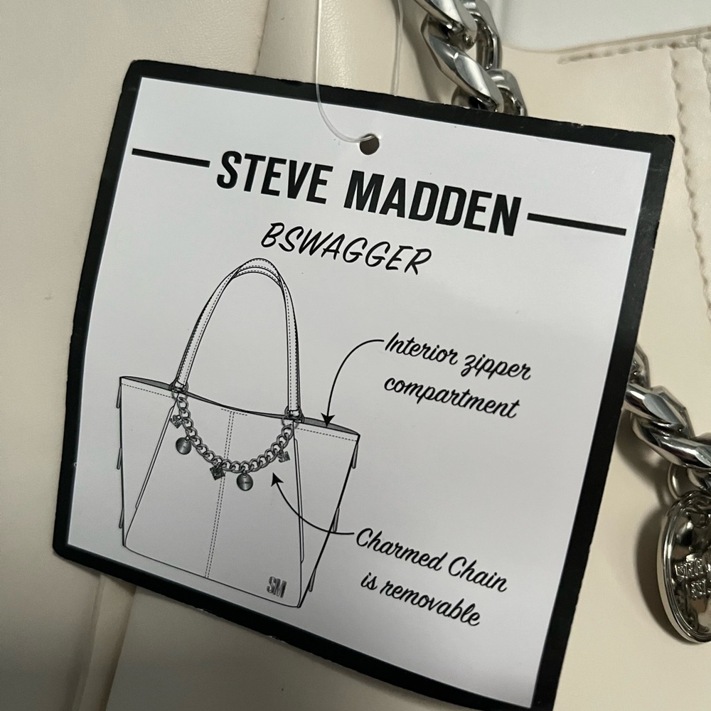 Steve Madden Vanilla Cream B swagger Tote Shoulder Bag Silver Chain Charms NWT - Picture 4 of 15